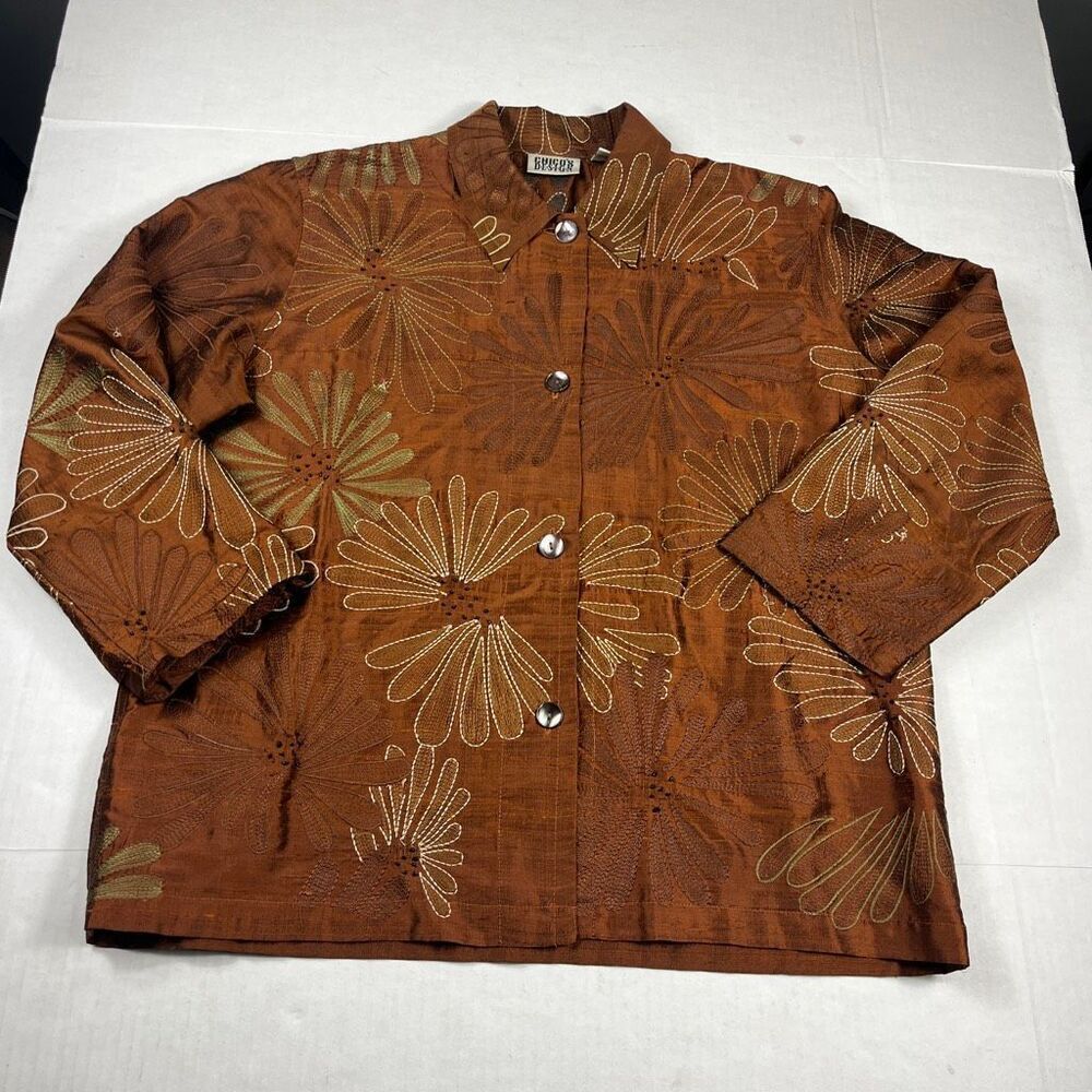 Chicos Design Silk Button Shirt Embroidered Artsy Statement Top Boho Luxe 2 L